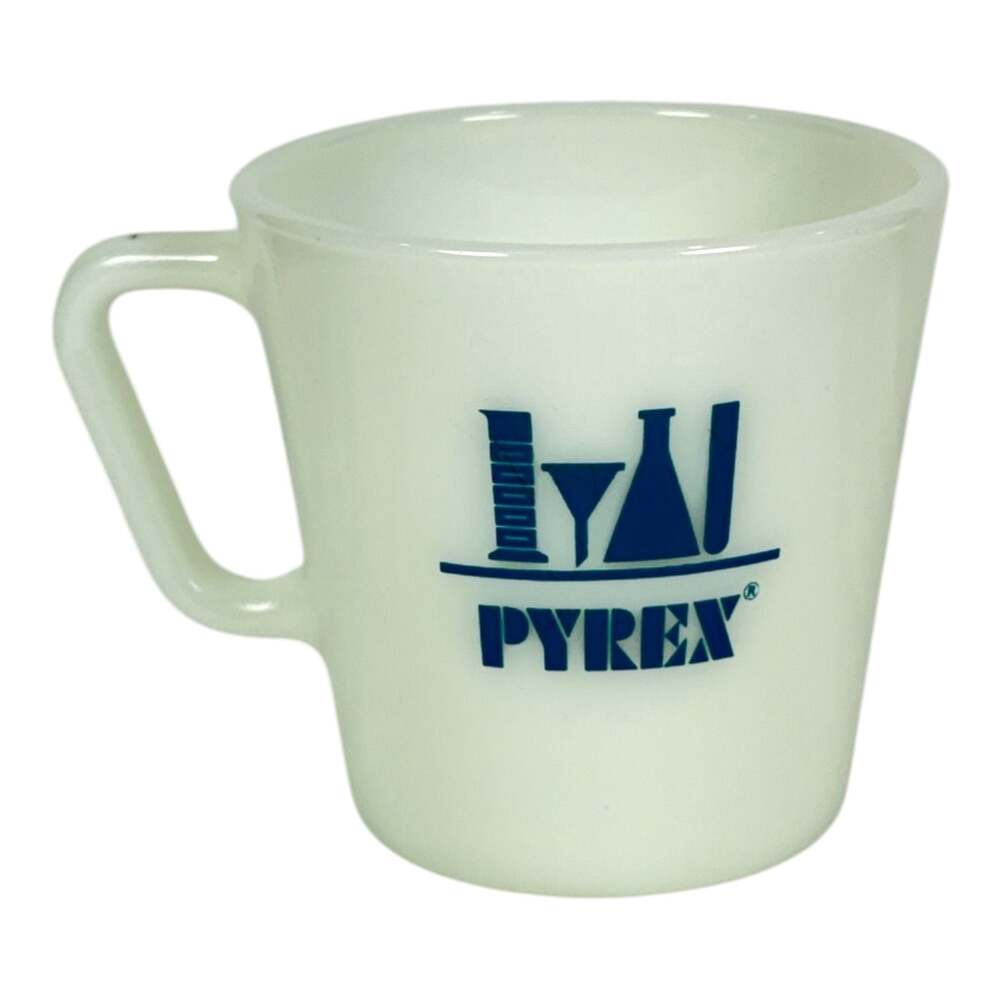 Vintage PYREX CORNING LabWare COFFEE MUG Slant Handle #1410 Blue White Rare